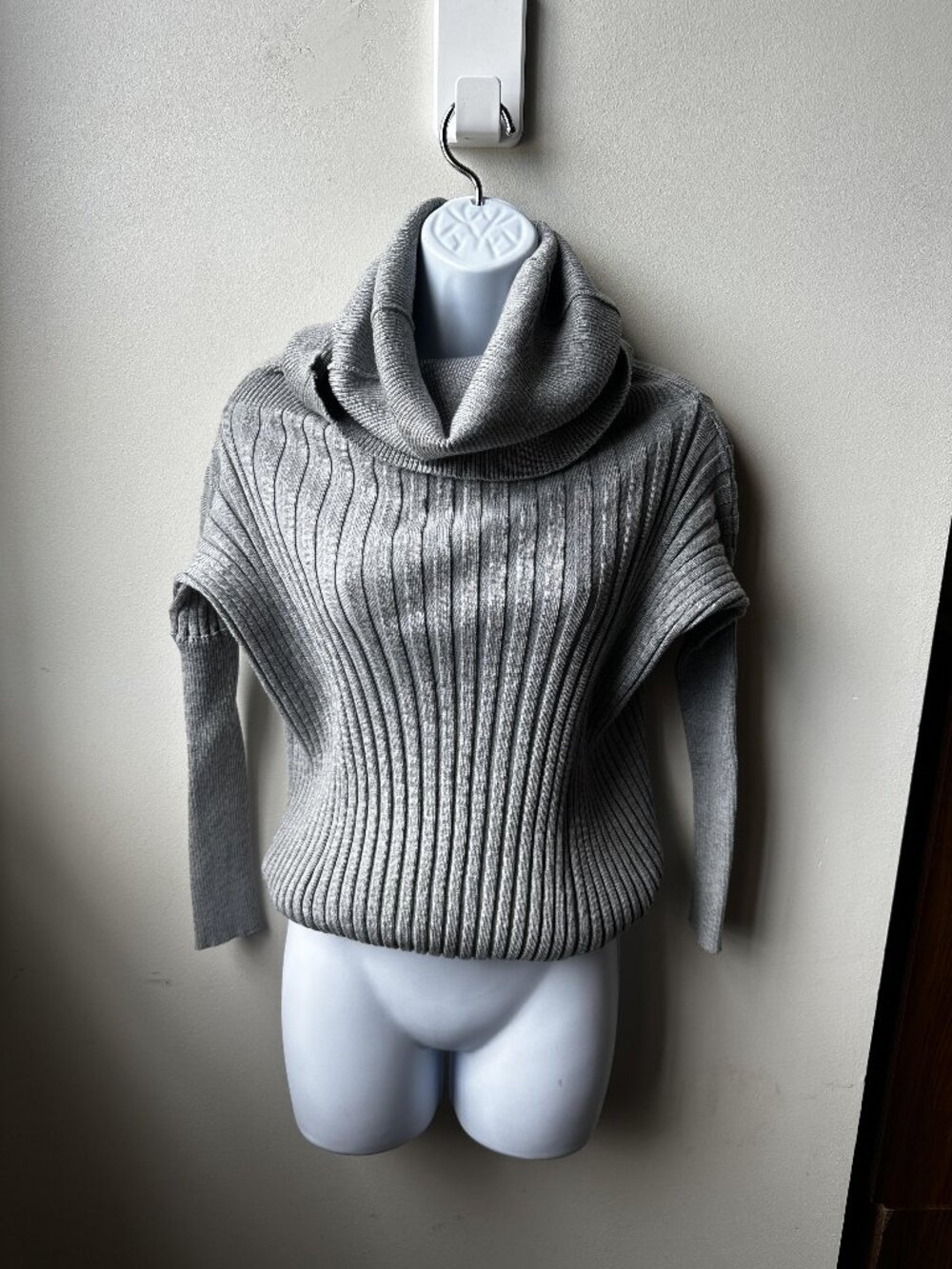 Gray Ribbed Cowl Neck Sweater Sculptural Slouchy Dolman Long Sleeve Stretch S